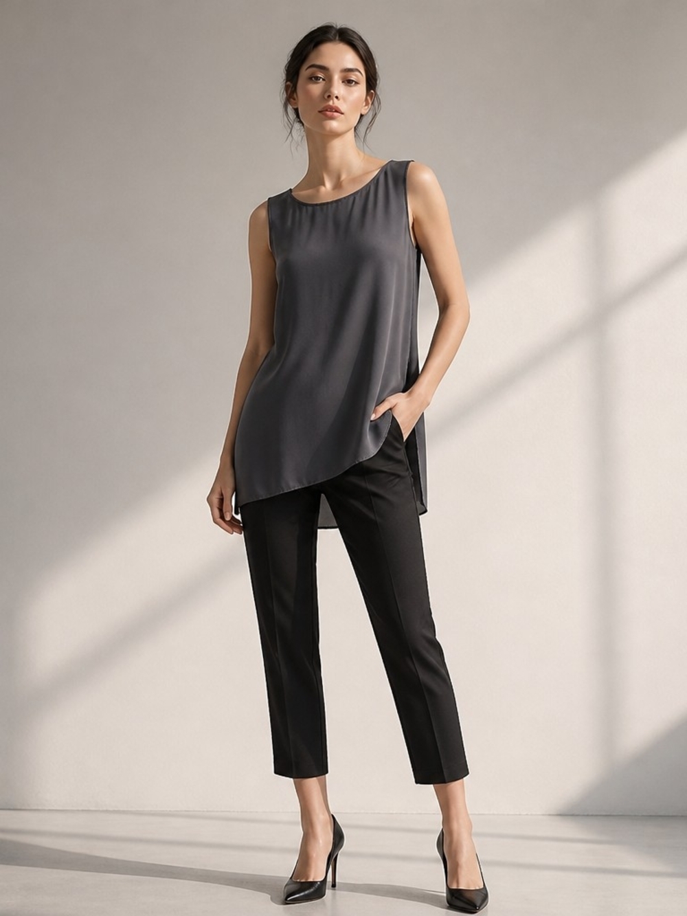 Eileen Fisher Gray Silk Longline Tunic Tank Top Size S Quiet Luxury Minimalist